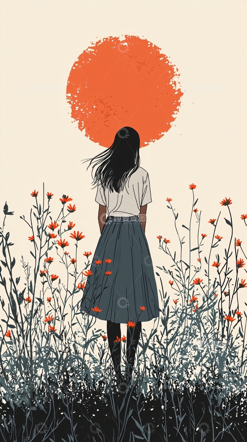 高清大图下载【趣麦麦图】夕阳下的女孩与野花