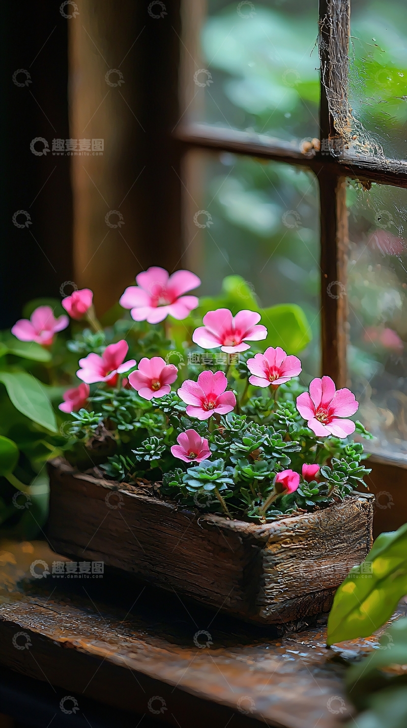 高清大图下载【趣麦麦图】窗台上的粉色小花盆景