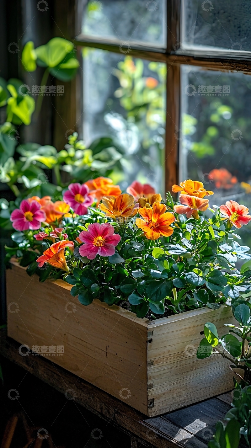 高清大图下载【趣麦麦图】窗台上的花箱植物