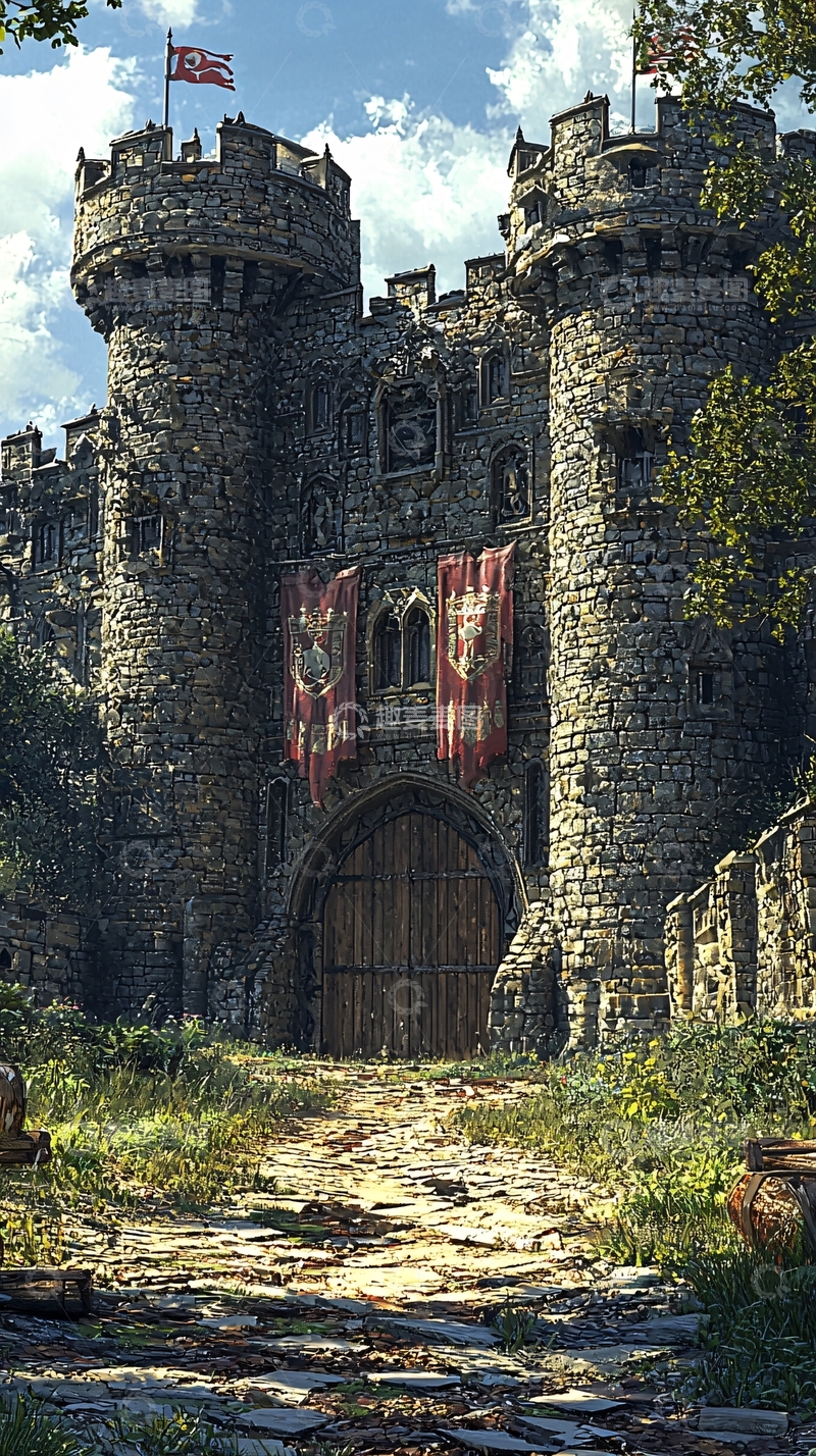 高清大图下载【趣麦麦图】中世纪城堡大门与旗帜