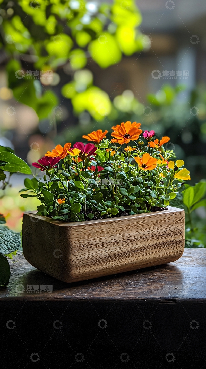 高清大图下载【趣麦麦图】木制花盆中的彩色花朵
