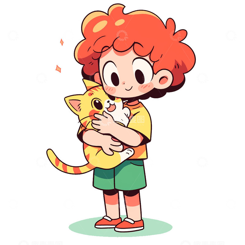 高清大图下载【趣麦麦图】抱猫的男孩卡通素材
