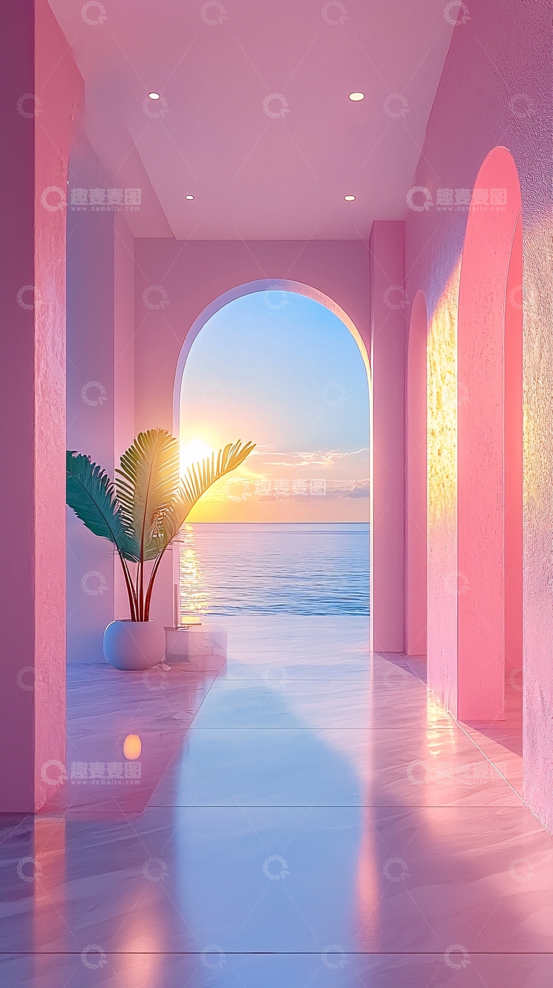 高清大图下载【趣麦麦图】粉色走廊通往海景夕阳