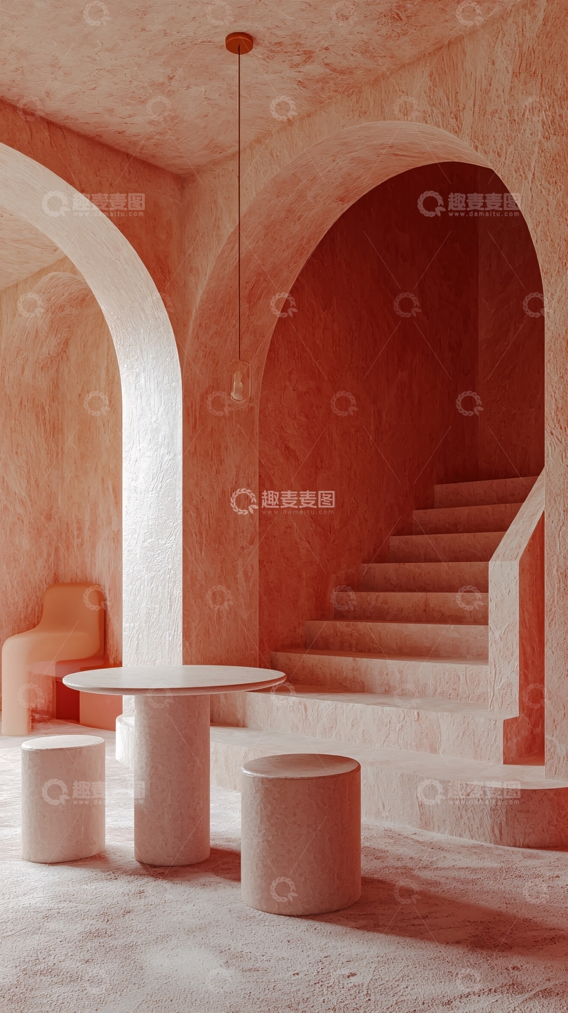 高清大图下载【趣麦麦图】粉红色调的室内楼梯与桌椅设计