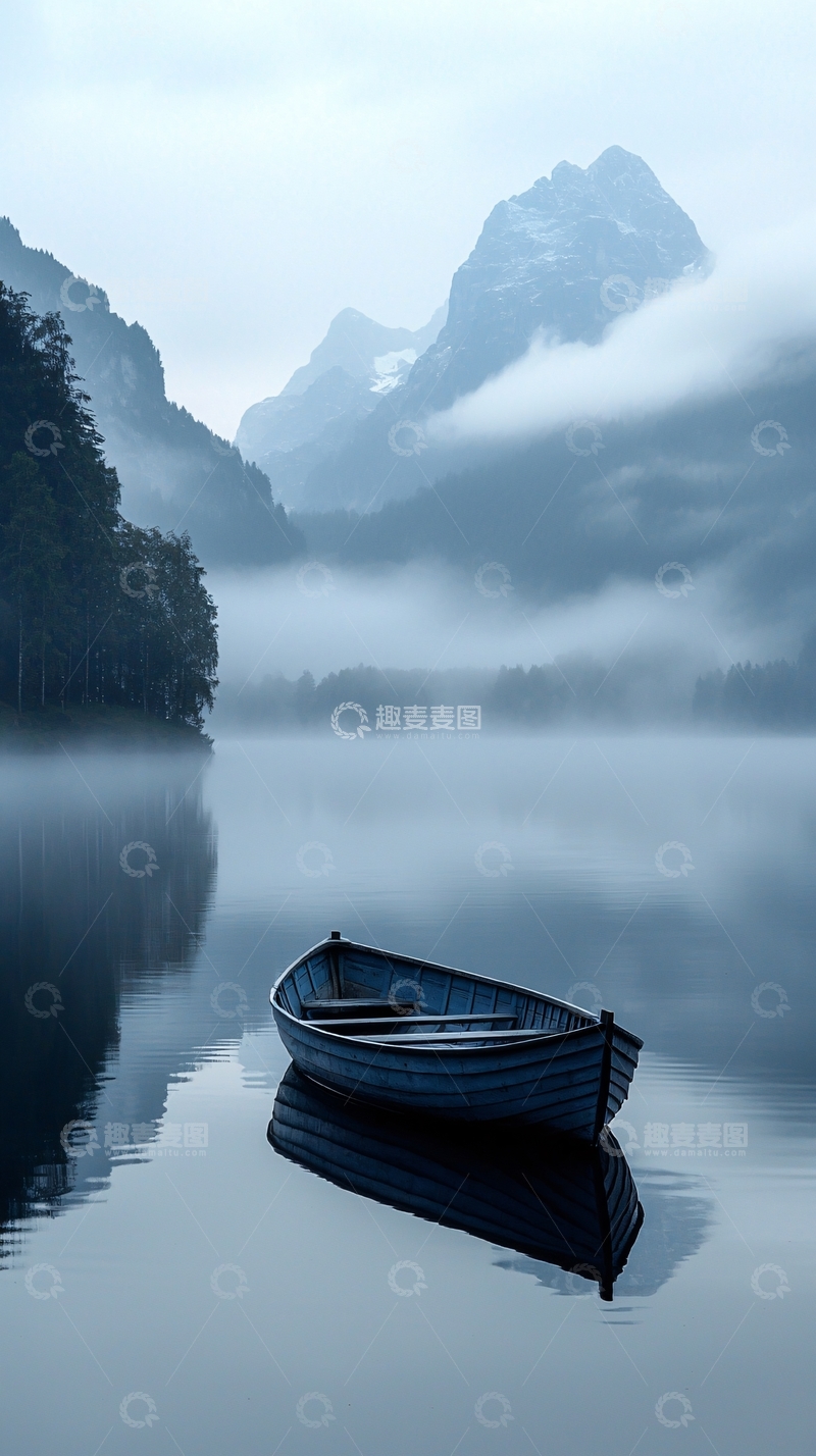 高清大图下载【趣麦麦图】雾中静谧湖畔孤舟