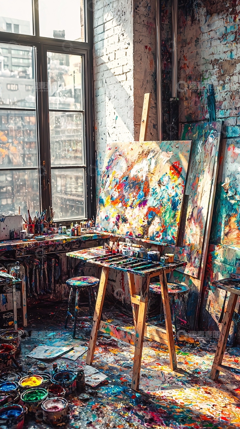 高清大图下载【趣麦麦图】艺术工作室：色彩斑斓的画室