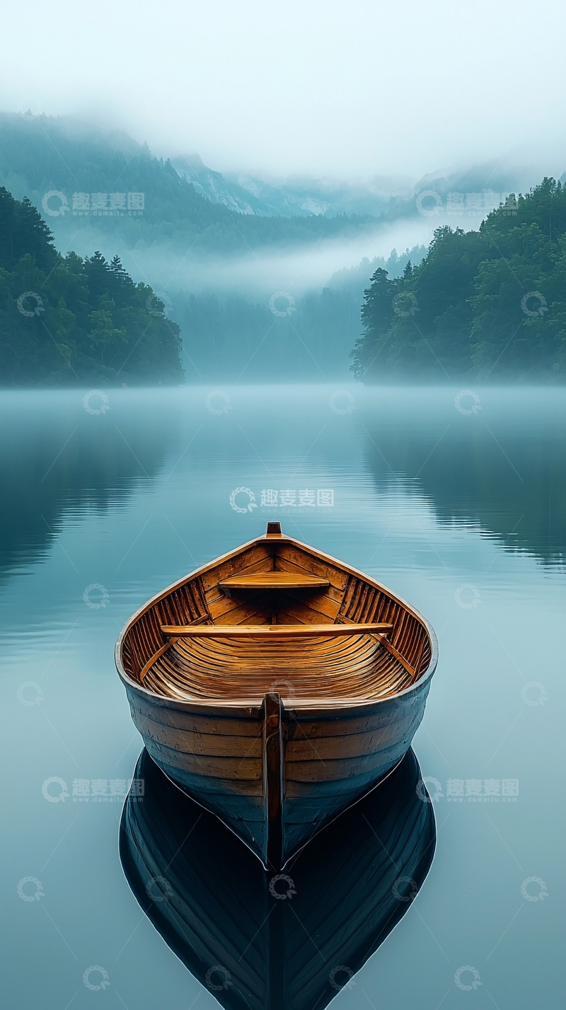 高清大图下载【趣麦麦图】晨雾中的木舟