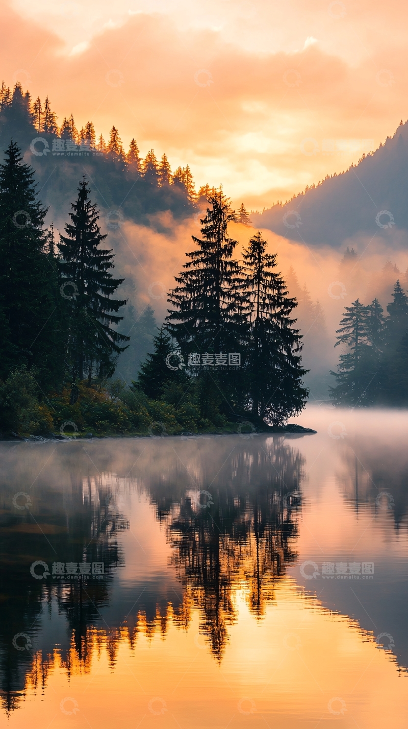 高清大图下载【趣麦麦图】晨雾中的湖畔森林