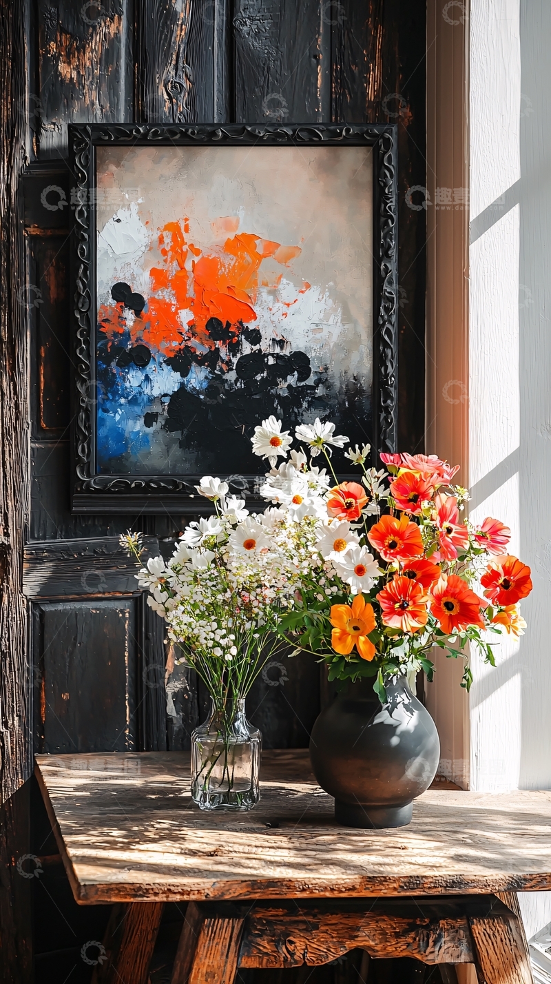 高清大图下载【趣麦麦图】复古木质桌上的花艺与抽象画