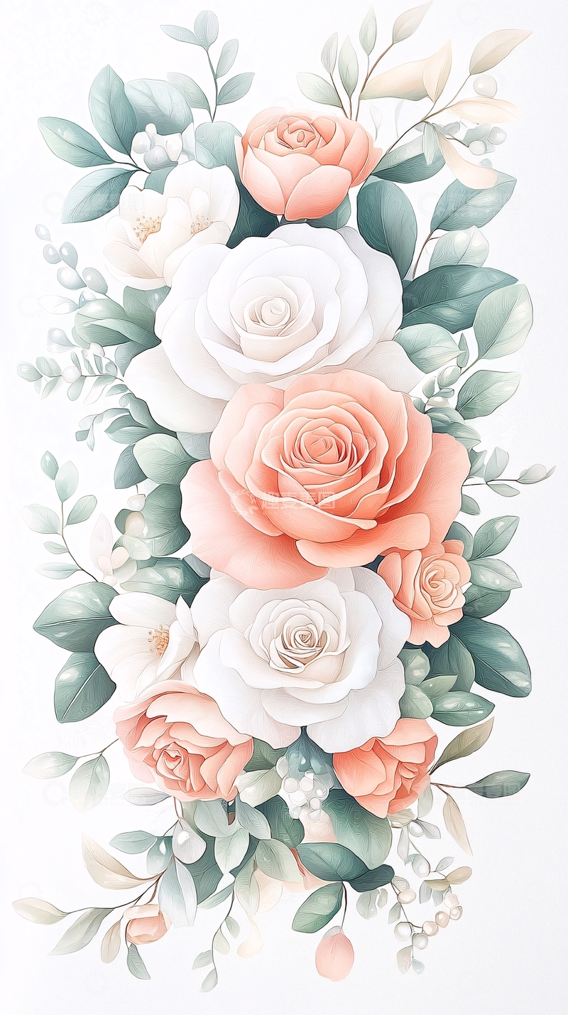 高清大图下载【趣麦麦图】-粉色玫瑰与绿叶手绘插画