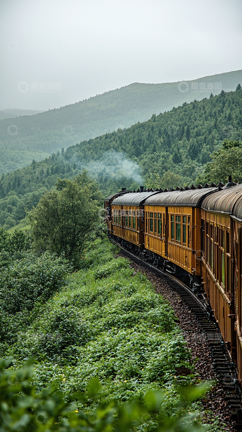 高清大图下载【趣麦麦图】绿色山谷中的复古火车