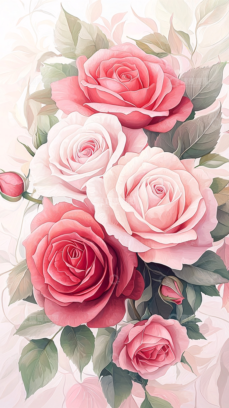 高清大图下载【趣麦麦图】-粉红色玫瑰花束插画素材