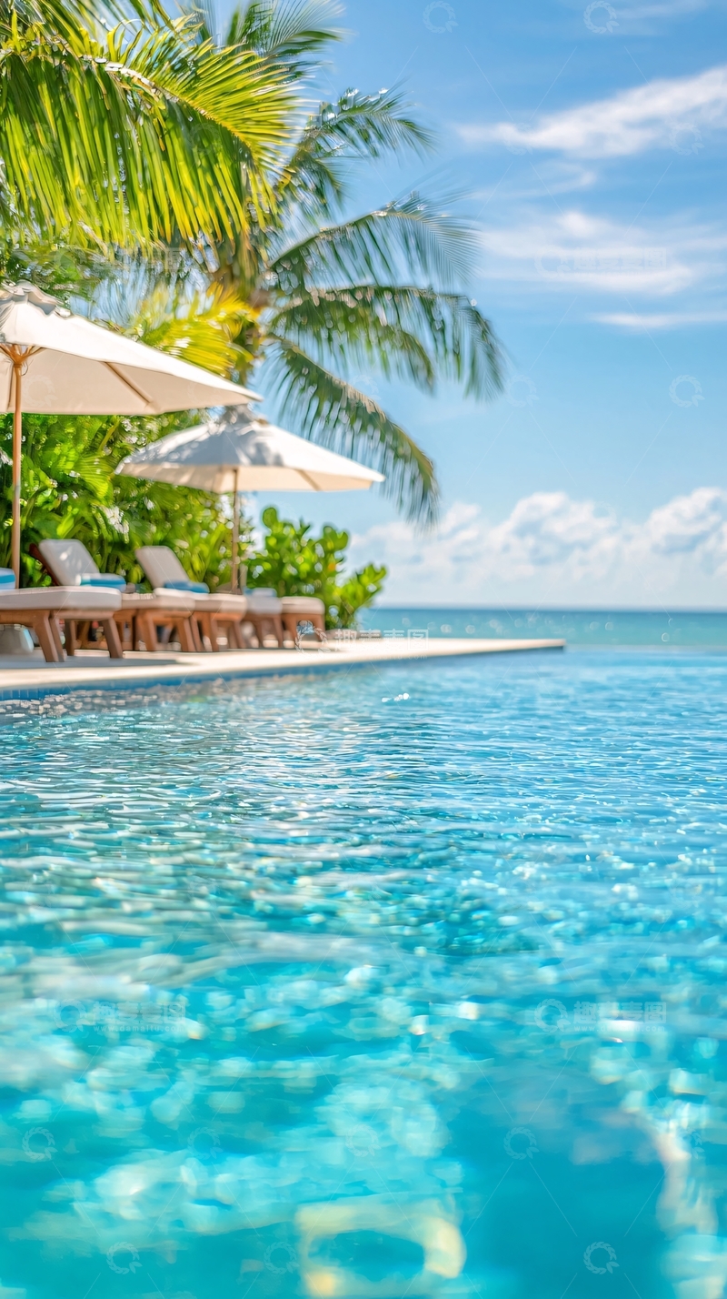 高清大图下载【趣麦麦图】热带海滩边的泳池与棕榈树