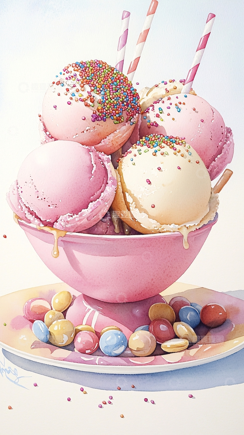 高清大图下载【趣麦麦图】冰淇淋甜点水彩画
