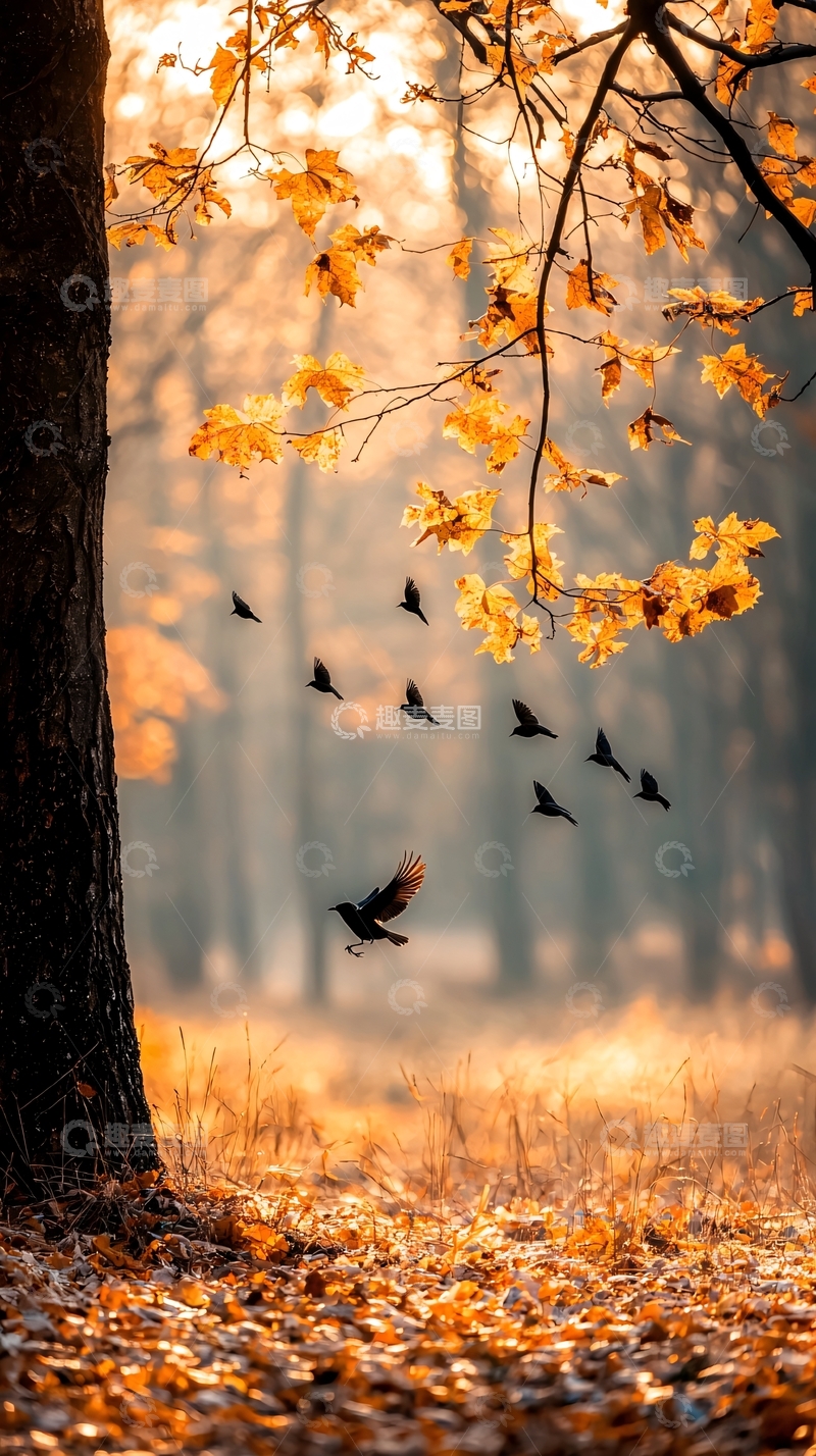 高清大图下载【趣麦麦图】秋日森林中的鸟群