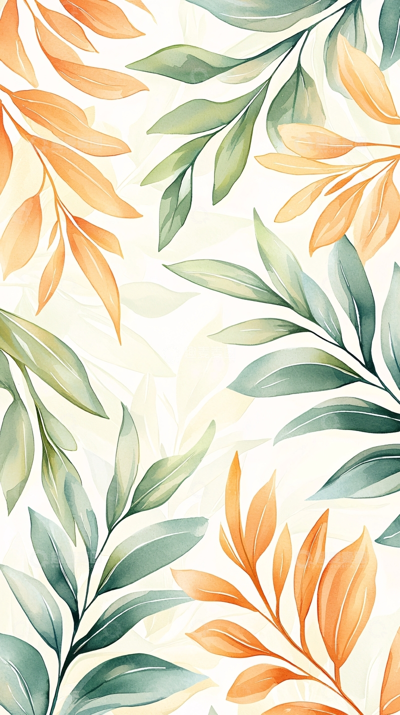 高清大图下载【趣麦麦图】秋日树叶水彩画背景图