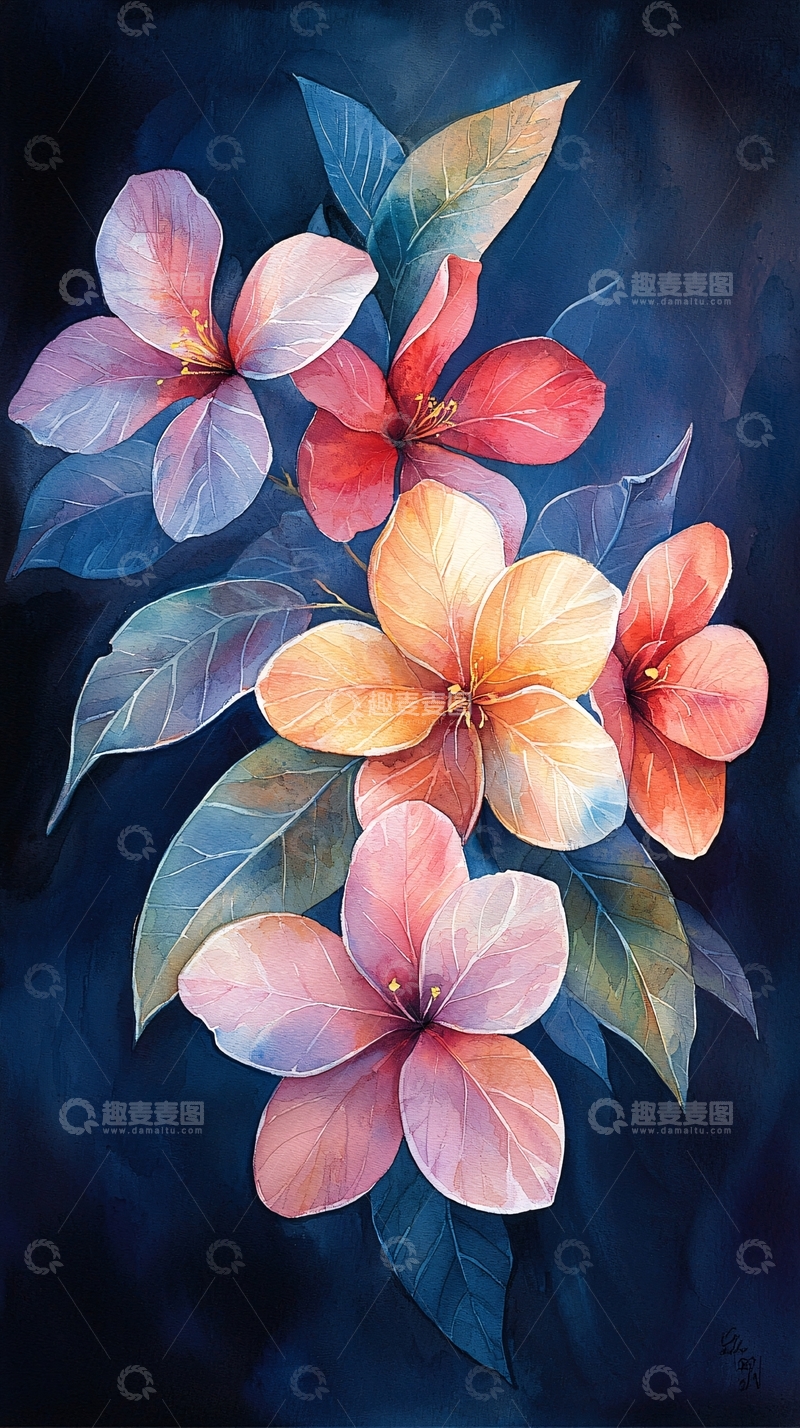 高清大图下载【趣麦麦图】夜色中的花朵与叶子