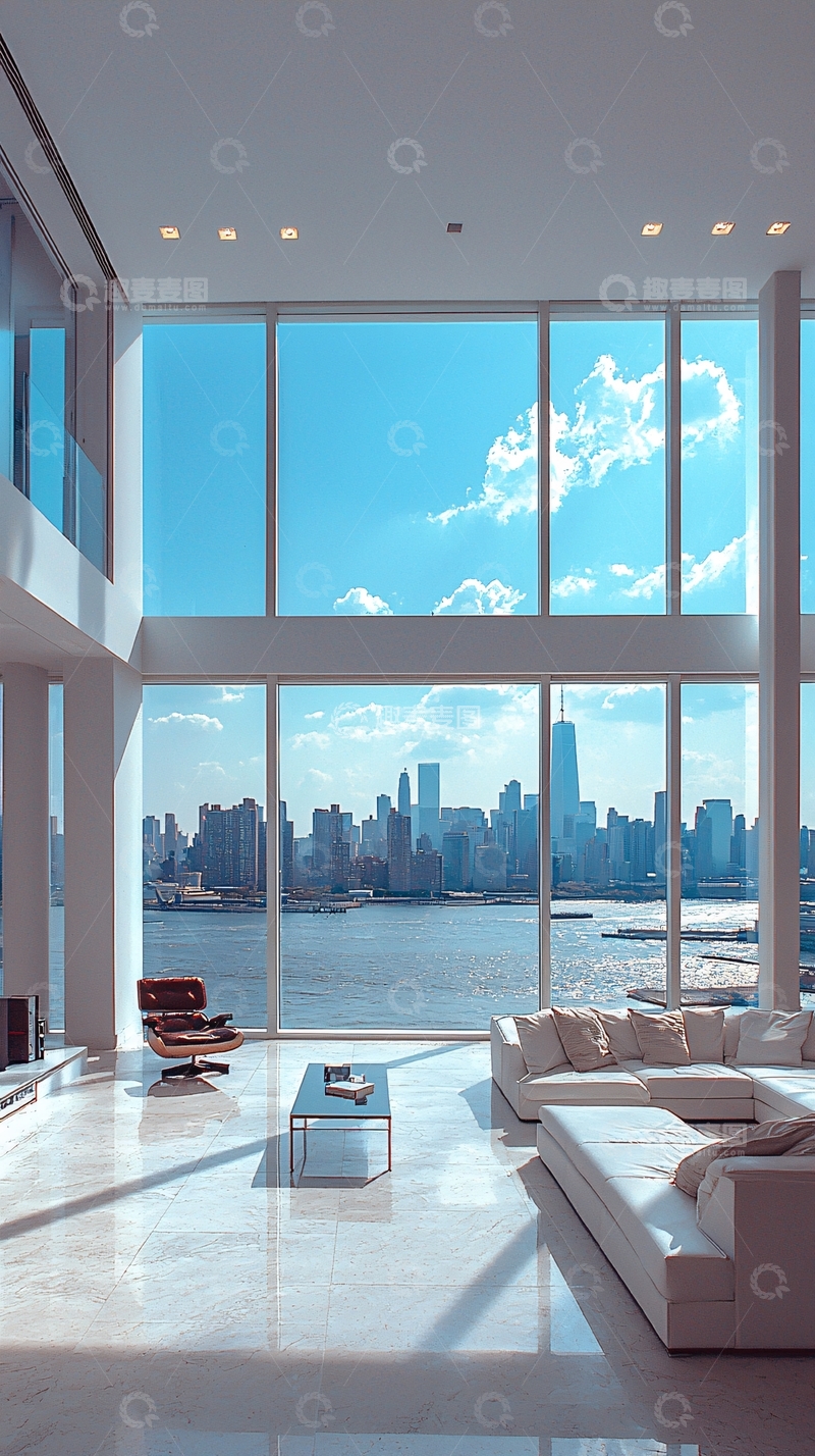 高清大图下载【趣麦麦图】现代客厅俯瞰城市天际线