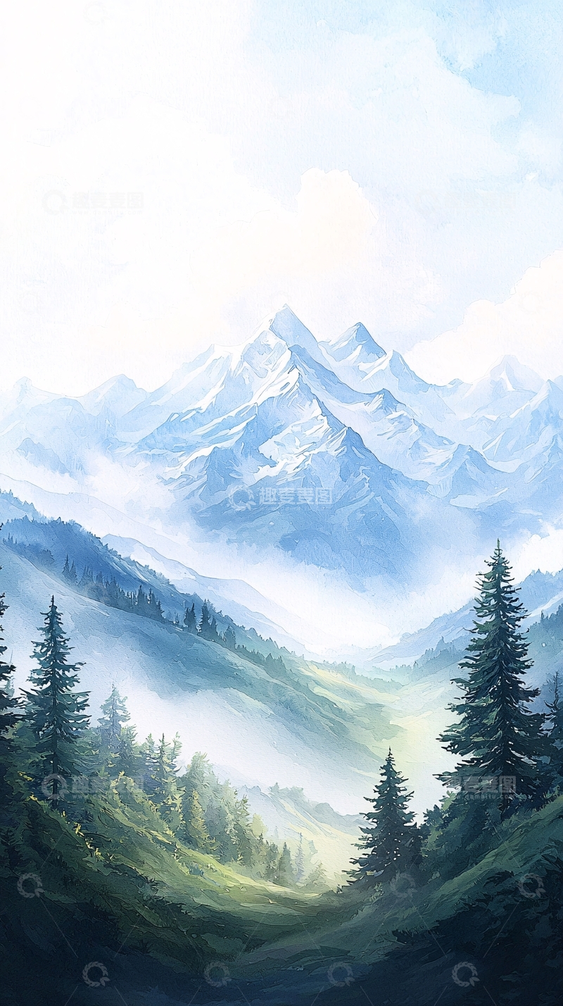 高清大图下载【趣麦麦图】雪山松林晨雾