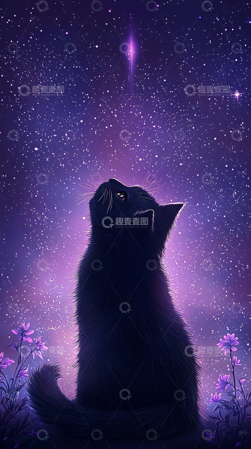 高清大图下载【趣麦麦图】夜空下的黑猫与星星