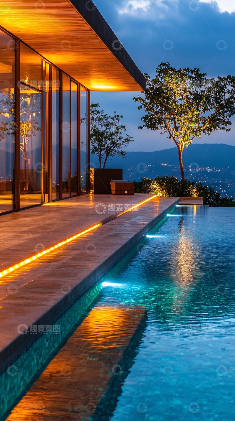 高清大图下载【趣麦麦图】夜晚泳池边的现代建筑