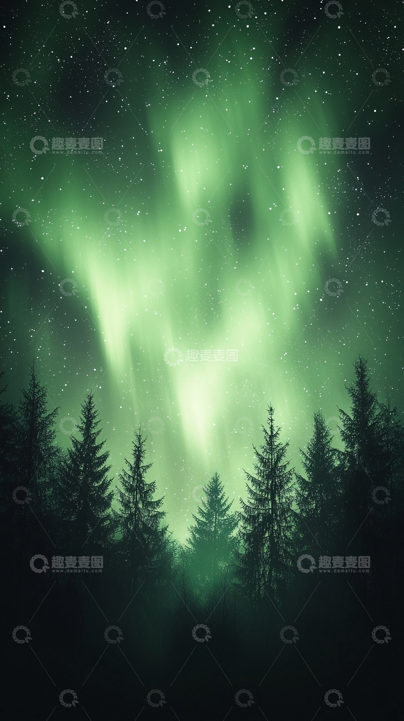 高清大图下载【趣麦麦图】极光下的森林夜景