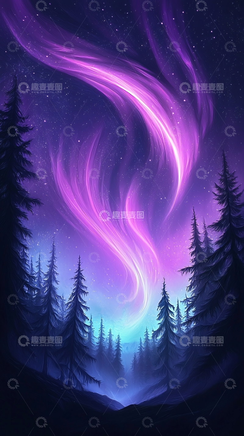 高清大图下载【趣麦麦图】梦幻极光森林夜景