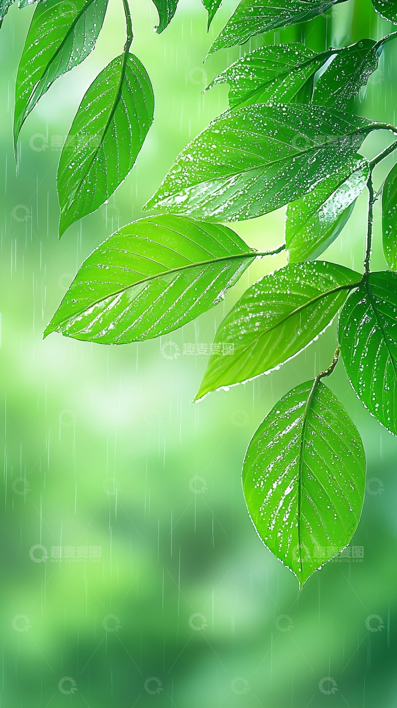 高清大图下载【趣麦麦图】雨中绿叶清新自然背景