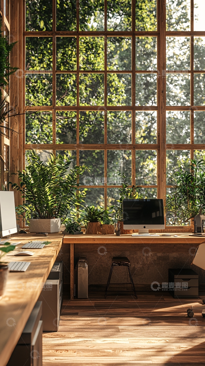 高清大图下载【趣麦麦图】自然光下的绿色植物办公空间