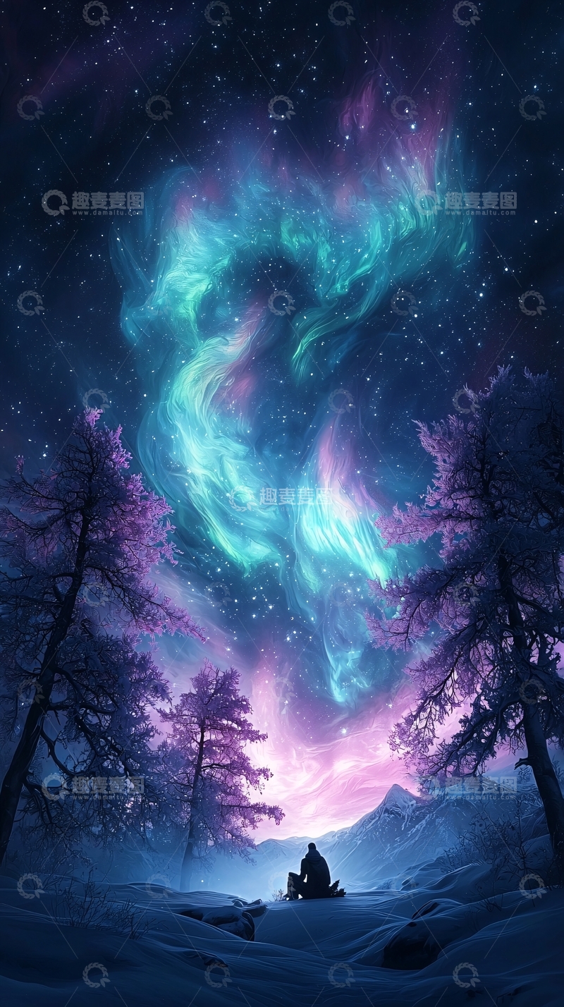 高清大图下载【趣麦麦图】梦幻极光下的冬夜独行者