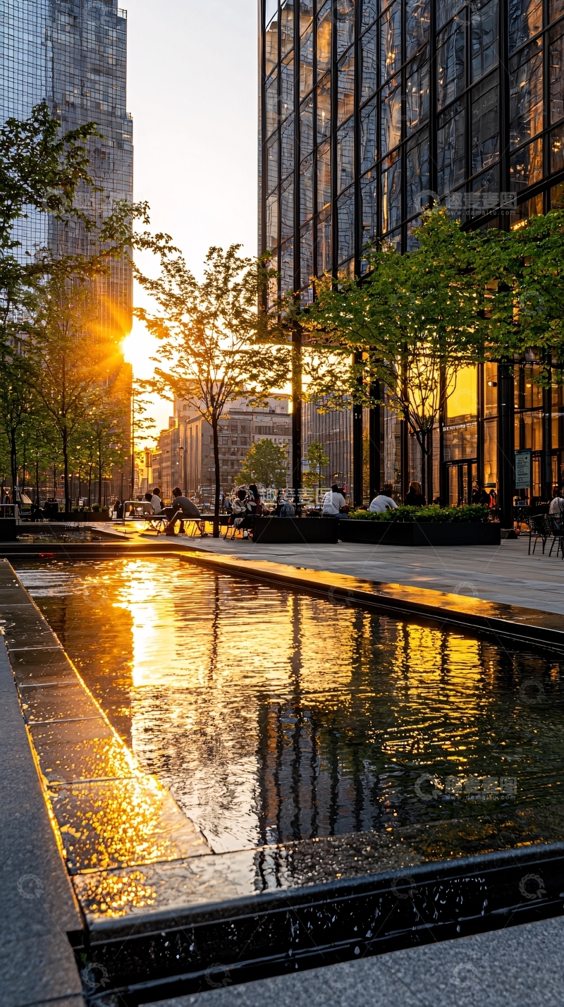 高清大图下载【趣麦麦图】城市日落下的水池与高楼