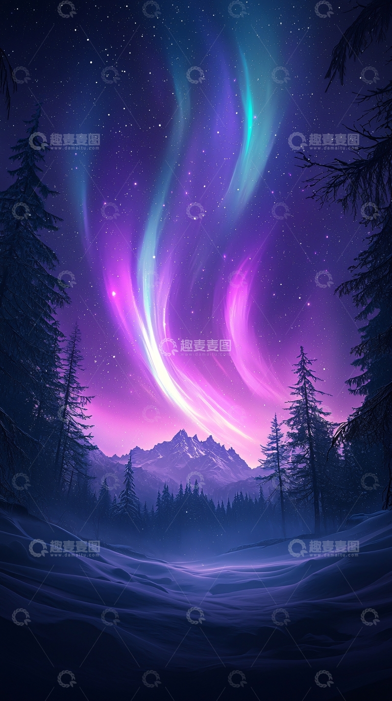 高清大图下载【趣麦麦图】极光下的雪林夜景