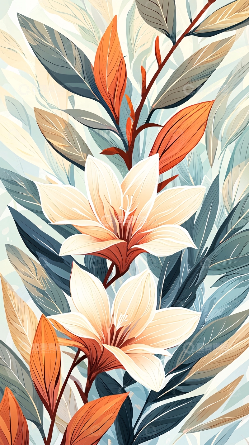 高清大图下载【趣麦麦图】秋日花卉与叶子插画背景