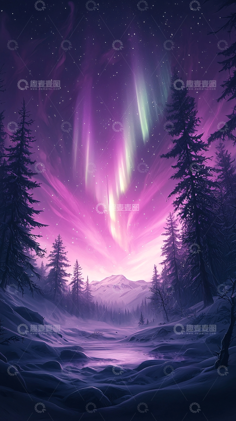 高清大图下载【趣麦麦图】极光下的雪林夜景