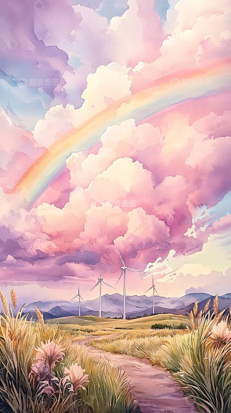 高清大图下载【趣麦麦图】彩虹下的风力发电站