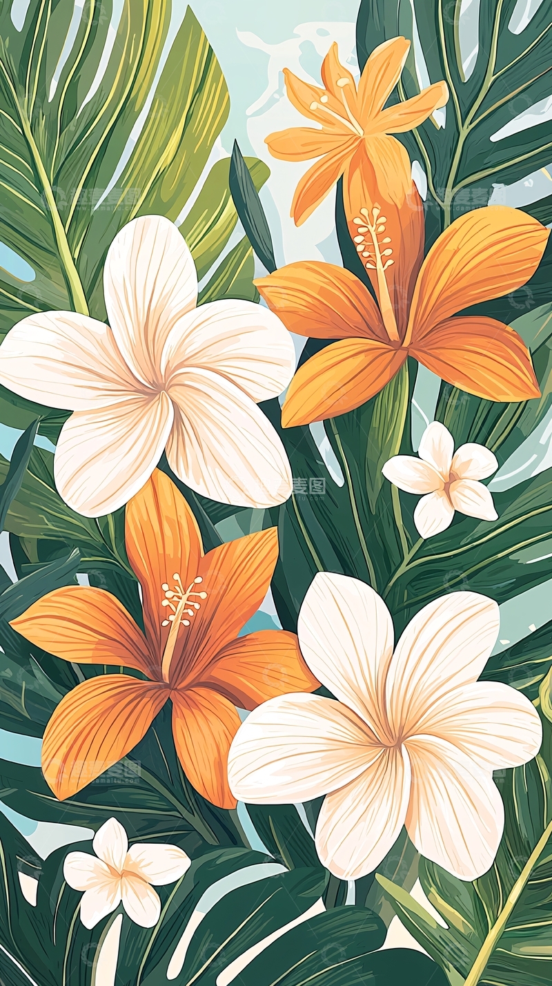 高清大图下载【趣麦麦图】热带花卉与绿叶背景插画