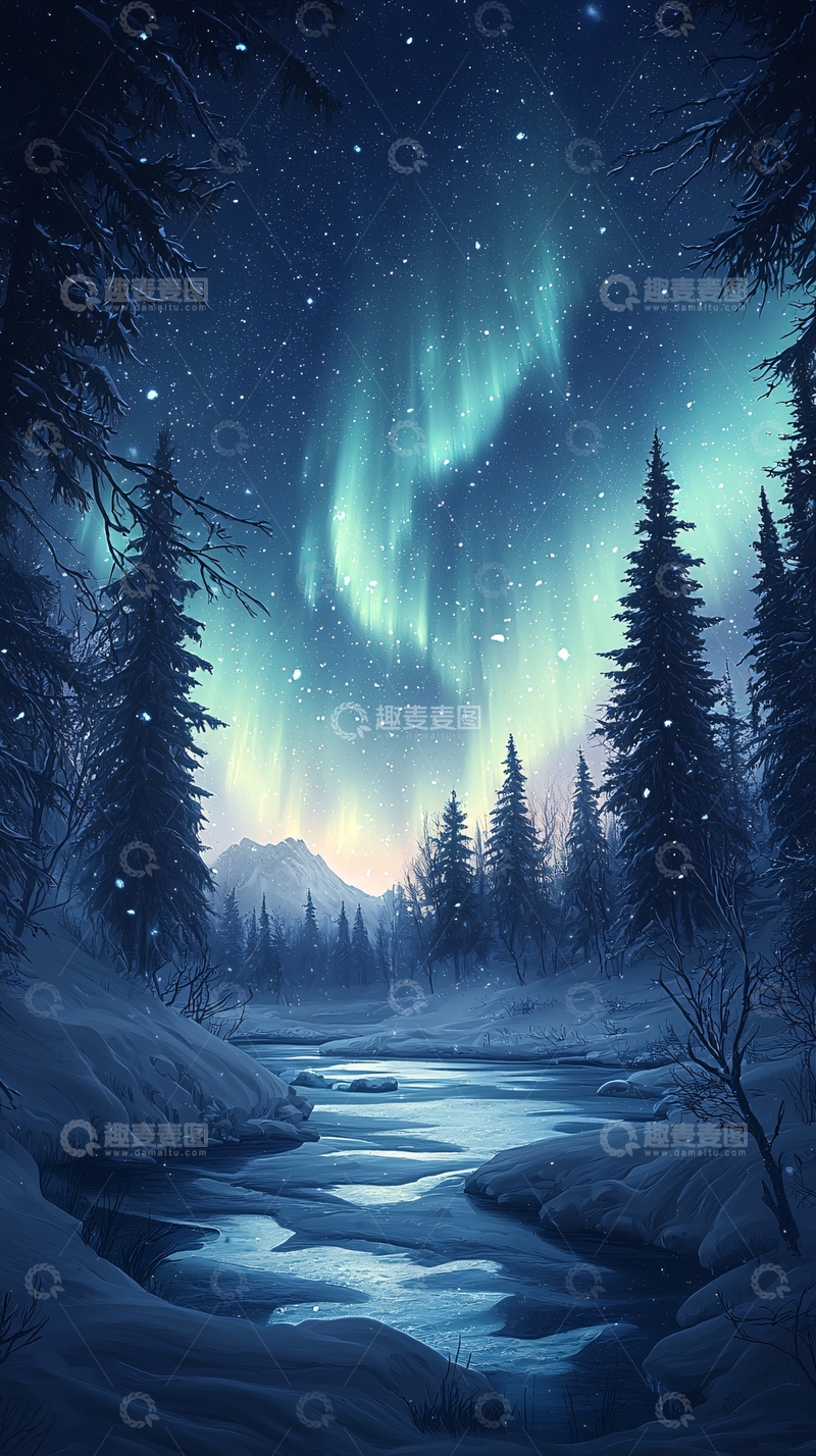 高清大图下载【趣麦麦图】冬夜极光下的雪林溪流