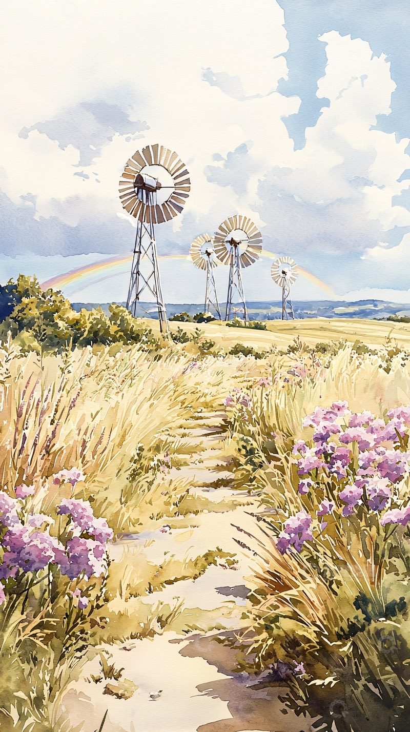高清大图下载【趣麦麦图】田园风光下的风车与彩虹