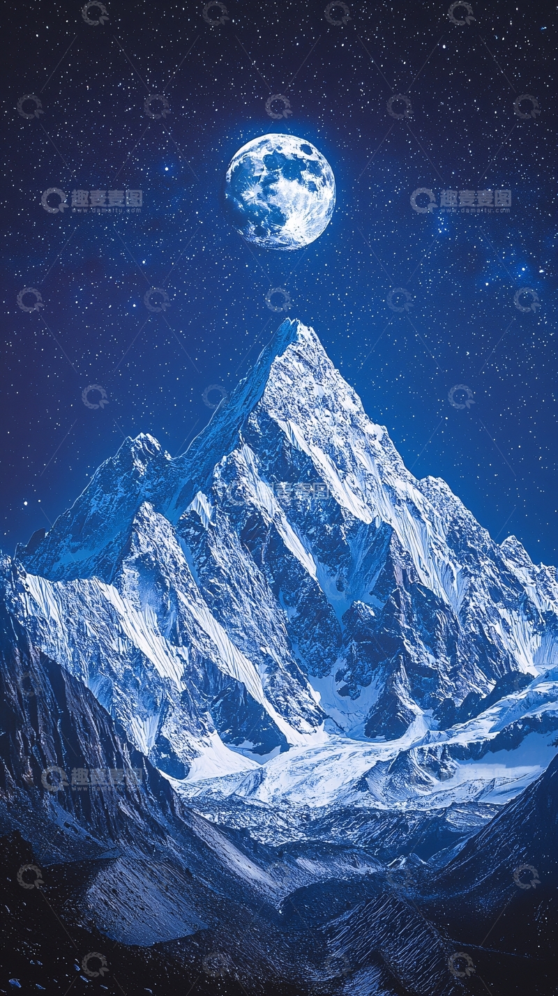 高清大图下载【趣麦麦图】雪峰下的满月夜景