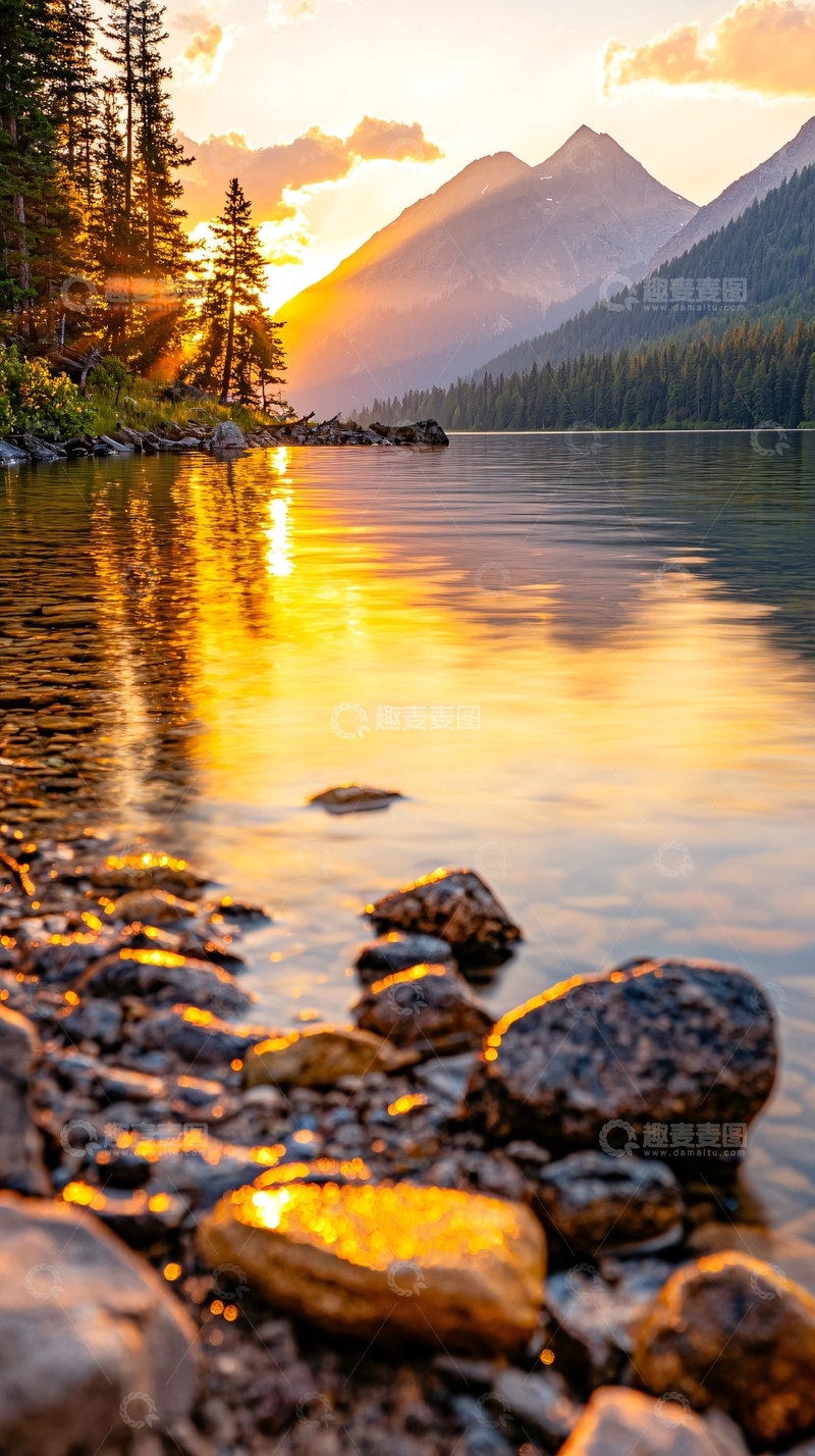 高清大图下载【趣麦麦图】夕阳下的湖畔岩石