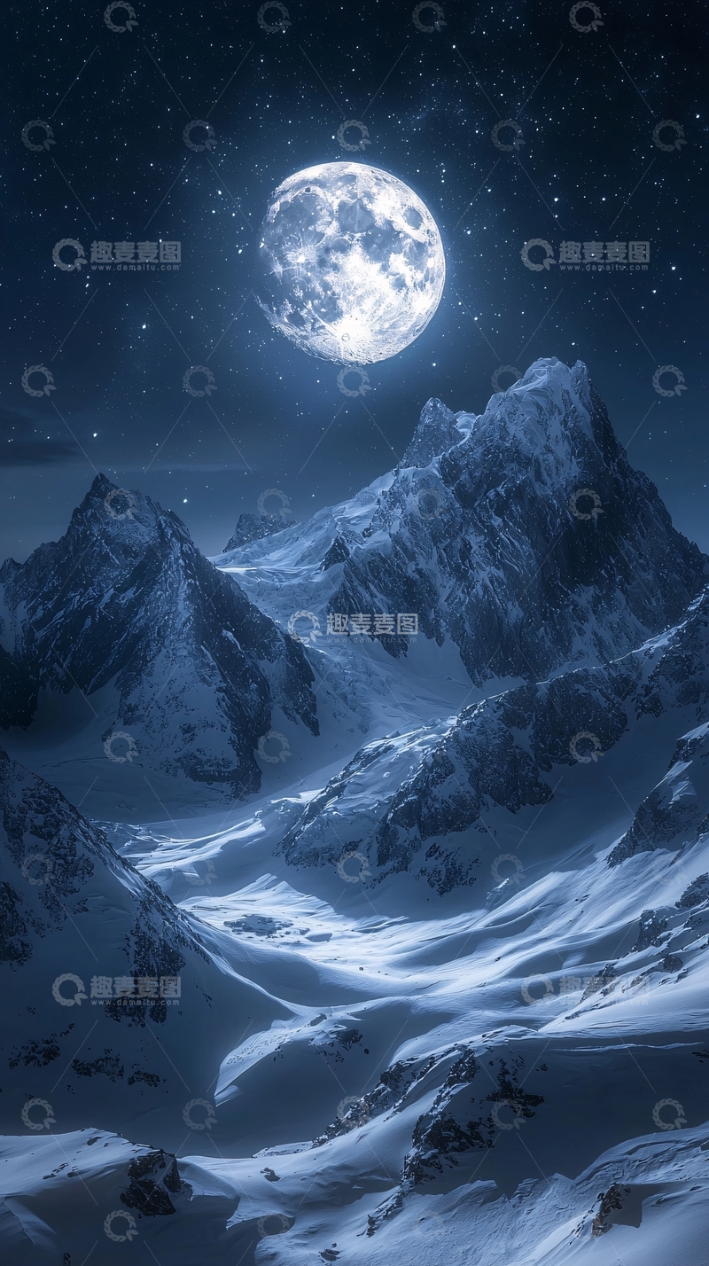 高清大图下载【趣麦麦图】月夜雪山风景图