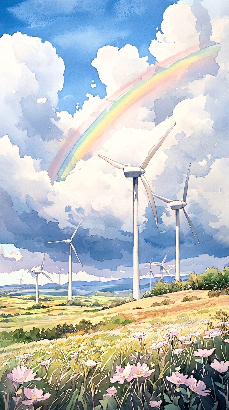 高清大图下载【趣麦麦图】彩虹下的风力发电站