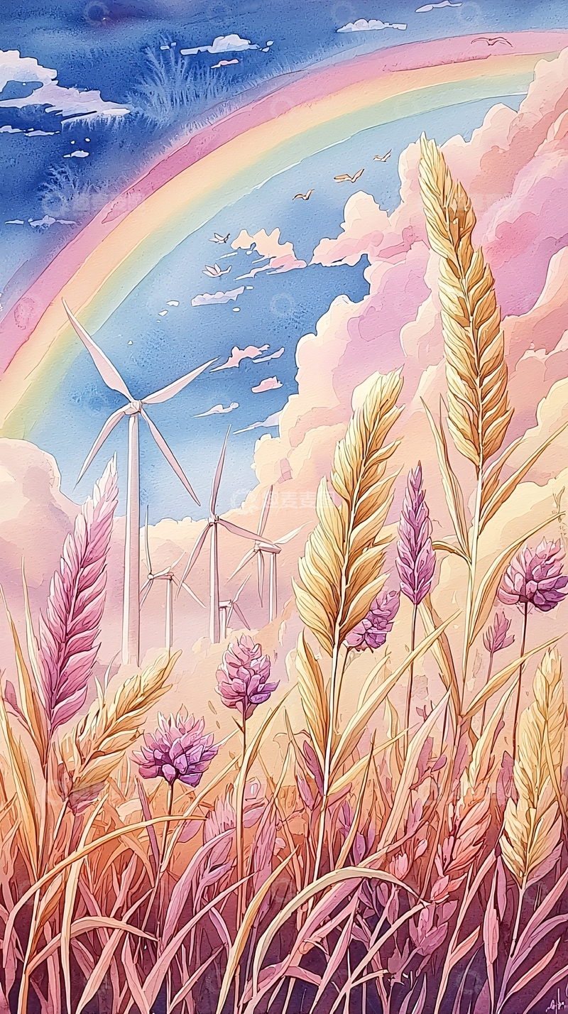 高清大图下载【趣麦麦图】彩虹下的风车与麦田