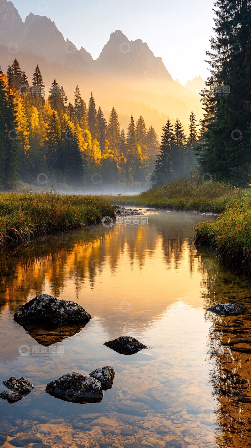 高清大图下载【趣麦麦图】晨雾中的山间小溪