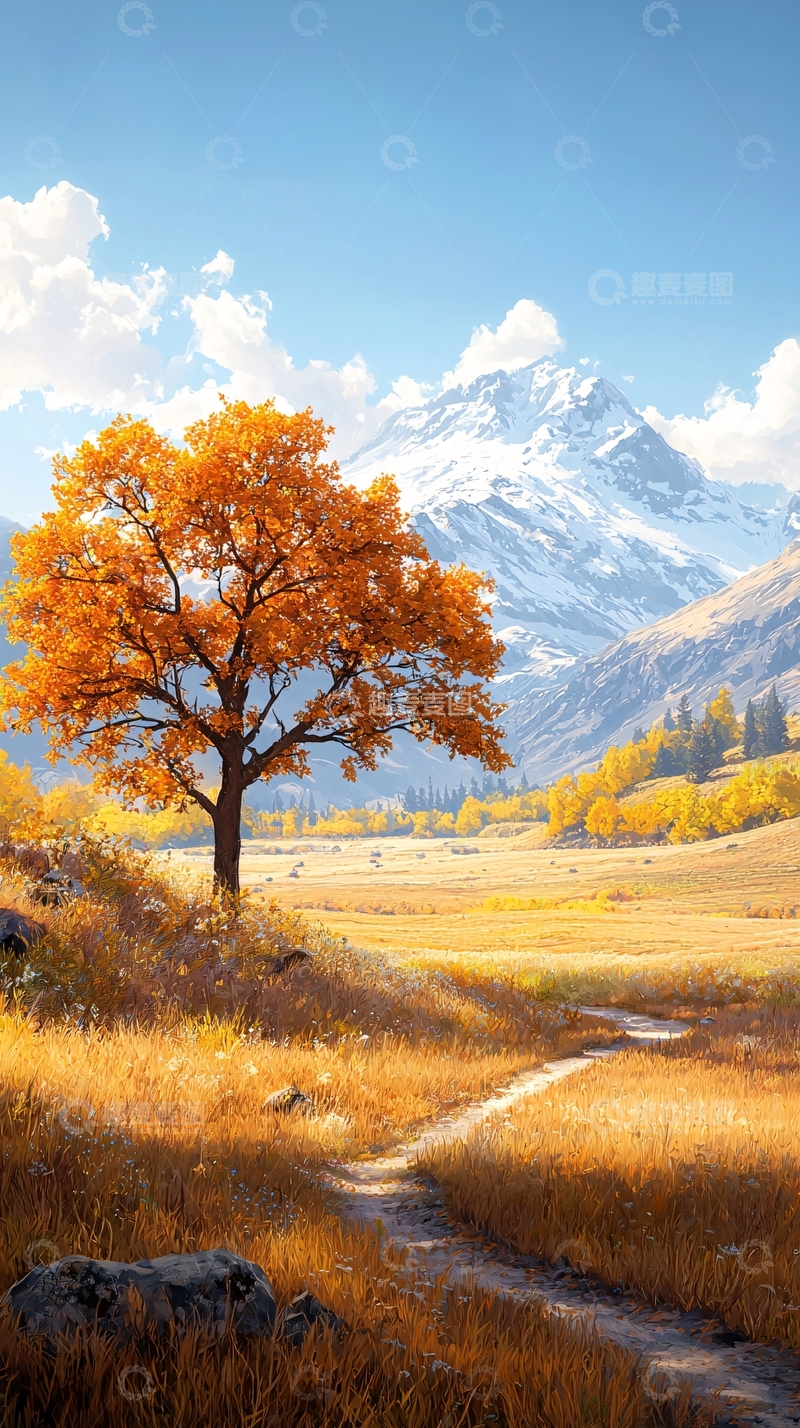 高清大图下载【趣麦麦图】秋日山间小径与金黄树木