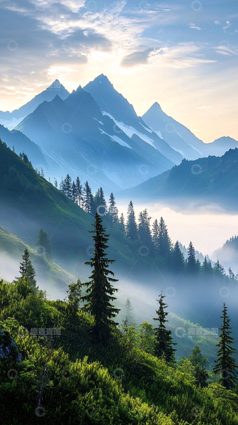 高清大图下载【趣麦麦图】晨雾中的山峰与松林