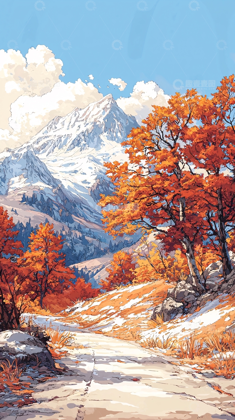 高清大图下载【趣麦麦图】秋日山间雪路风景