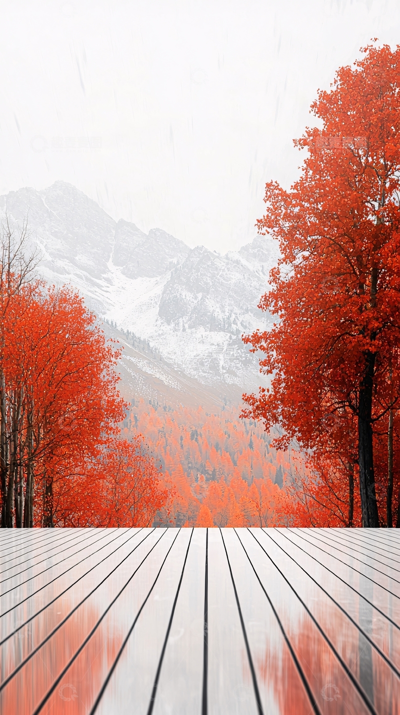 高清大图下载【趣麦麦图】秋雨中的山林木板路