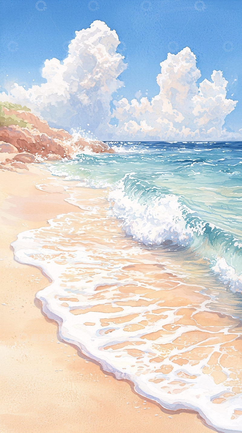 高清大图下载【趣麦麦图】海滩海浪沙滩风景画
