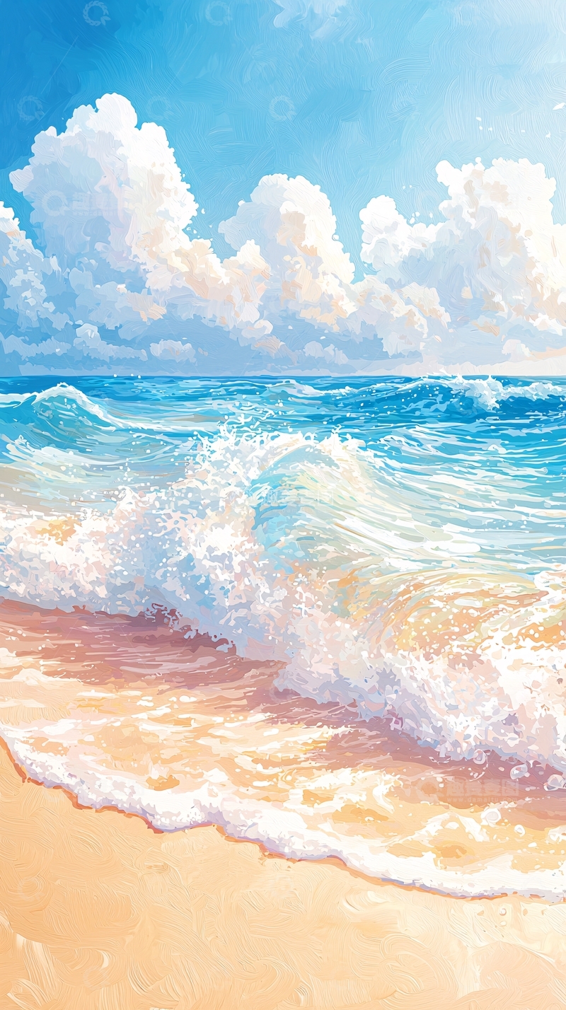 高清大图下载【趣麦麦图】海滩海浪沙滩风景画